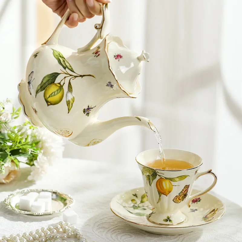 European Countryside Style Tea Set, Lemon Pattern Teapot, Coffee Cup & Saucer, Gold Rim Design, Elegant Afternoon Tea Home Decor