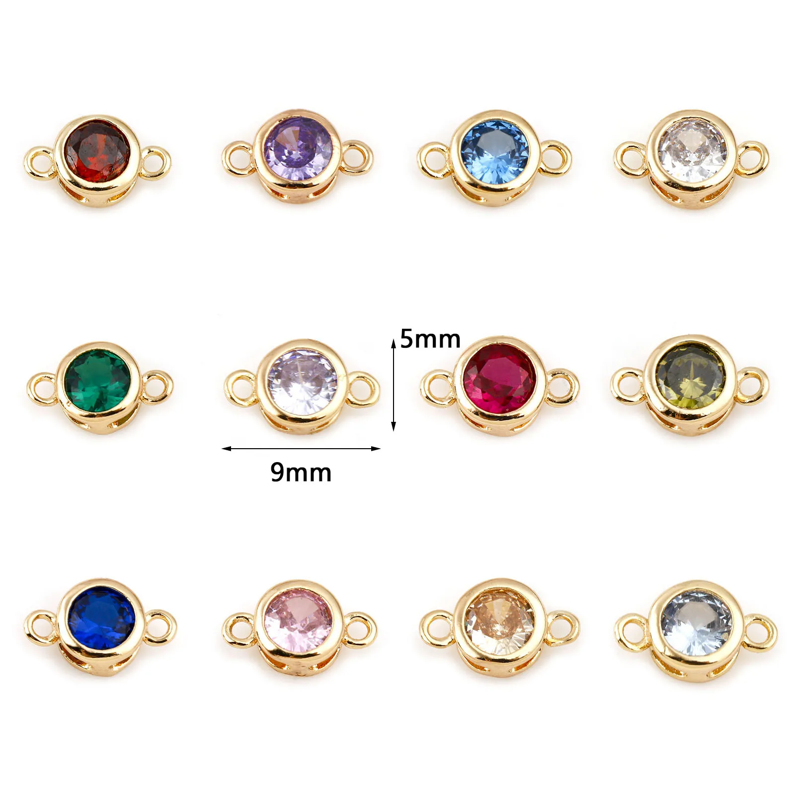 Copper Birthstone Connectors Gold Color Round Multicolour Cubic Zirconia For DIY Making Necklace Jewelry 9mm x 5mm, 2 PCs