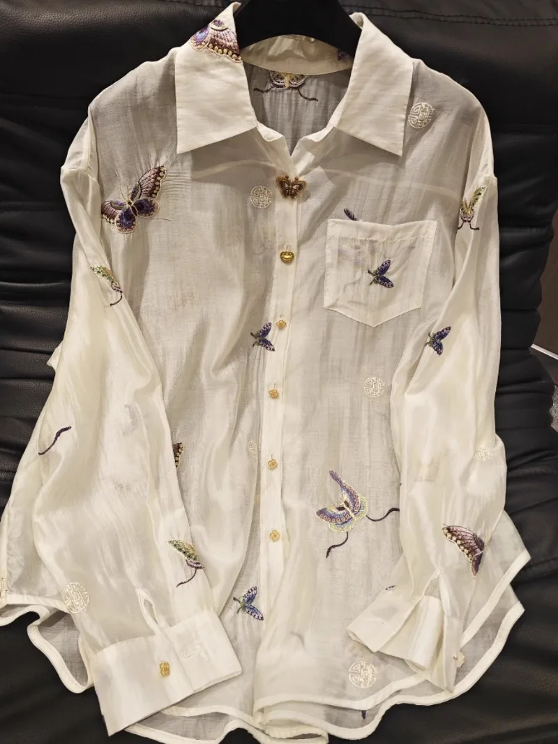 2025 Summer New Heavy Industry Embroidery Butterfly Loose Fashion Versatile Casual Style Sunscreen Shirt Long Sleeve For Women
