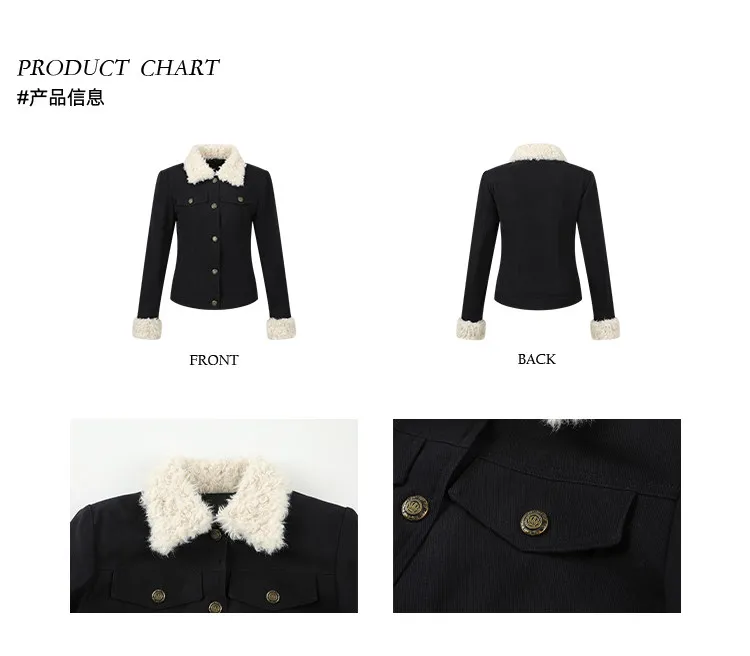 Faux Lambswool Patchwork Short Quilted Cotton Jacket Coat Women Retro Slim Navy Blue Padded Coat Female Workwear Style Outerwear