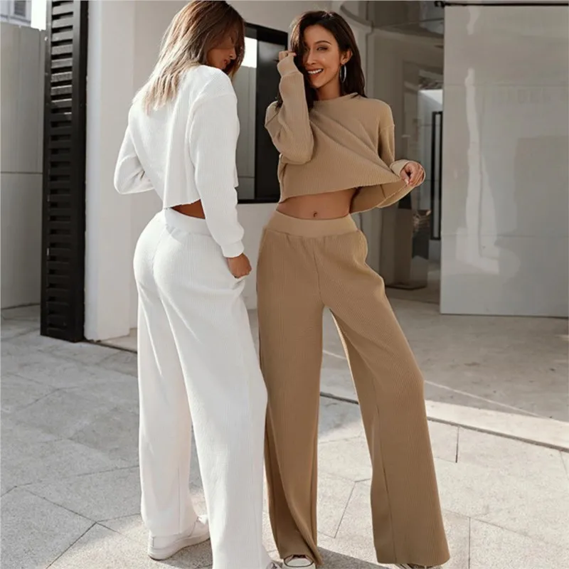 

Casual round neck exposed navel long sleeved top+wide leg pocket pants solid set women's daily elegant hoodie two-piece set