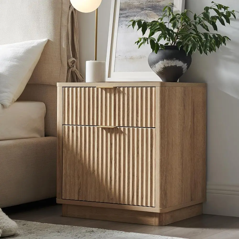 23 Luted Nightstand with Charging Station, Large 2 Drawer Side Table, End Table with Storage, Bedroom, Living Room, Curved Profi