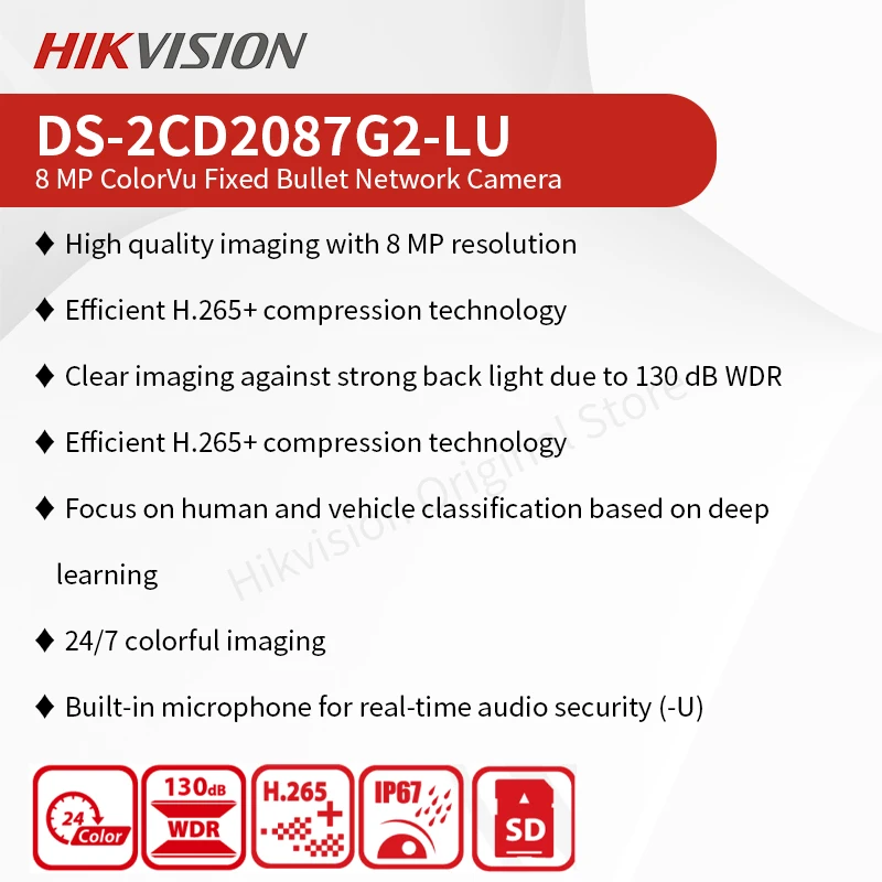 Imagem -02 - Hikvision 4k Colorvu Câmera ao ar Livre hd 8mp ip Segurança Cctv Microfone Embutido 24h Cor Visão Noturna Poe H.265 Mais 130db Ds2cd2087g2-lu