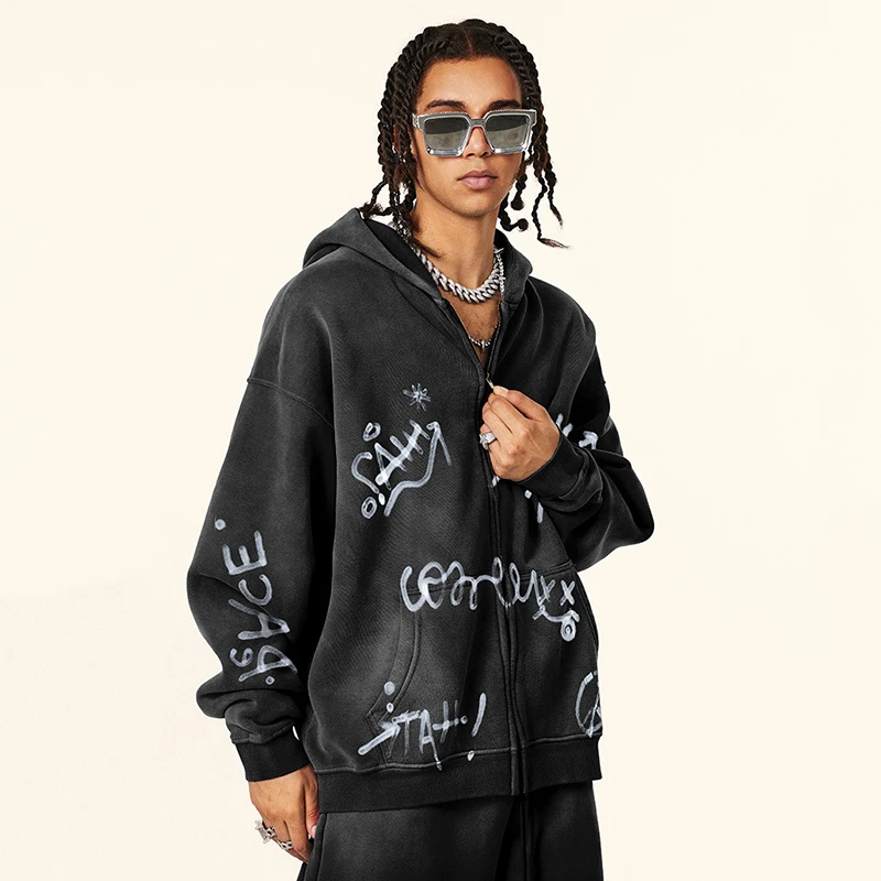 FEWQ Men's Wear Sweatshirts Graffiti Hand Painted Velvet Hooded Big Pocket Contrast Color Loose Zipper Male Hoodies 2025 24K1143