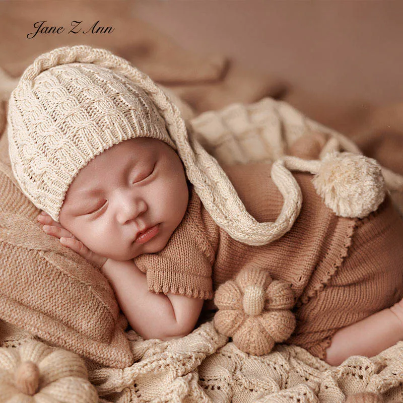 

Комплект одежды для фотосъемки новорожденных, вязаная осенне-зимняя детская одежда со шапкой, топ, шорты, длинный хвост, ночная шапочка с помпоном