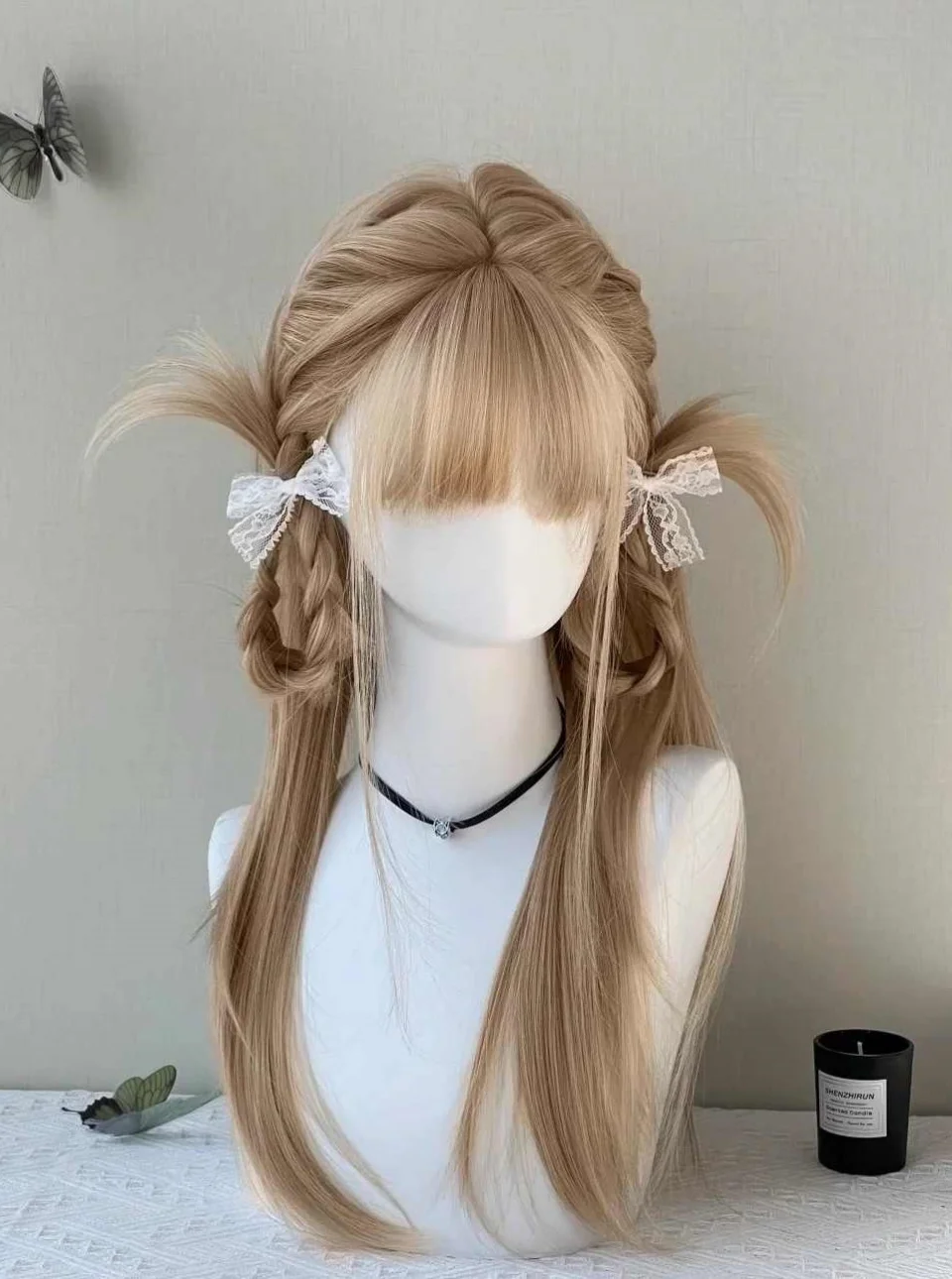 Ashely Light Brown Wig Female Headband Body Honey Brown Rose Hair Synth Models in French Bangs High Level Simulation Hair Wig