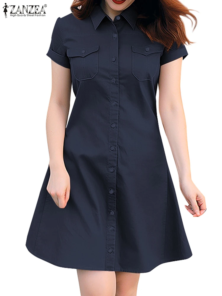 ZANZEA Turn-Down Collar Women A-line Vestidos Elegant Commute Short Sleeve Casual Robes Button Up Solid 2024 Summer Shirtdress