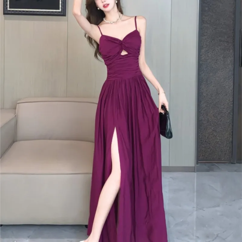 Purple cutout slit waist holiday wind dress slip