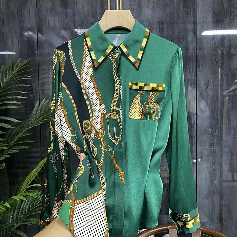 S-3XL Women Blouses Summer Shirts Lady Spring Autumn Casual Long Sleeve Turn-down Collar Green Printed Blusas Tops 6507