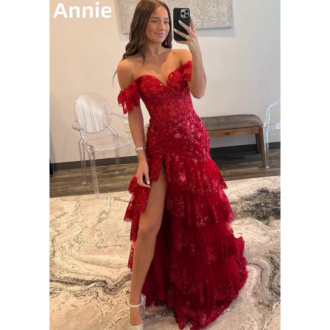 Annie-vestidos De noche con lentejuelas De sirena para novia, traje De fiesta De lujo, ocasiones formales, color rojo, 2024