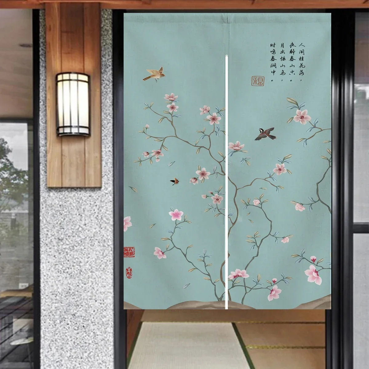 Chinese Green Flowers and Birds Door Curtain Japanese Noren Room Partition Kitchen Decoration Hanging Door Curtains