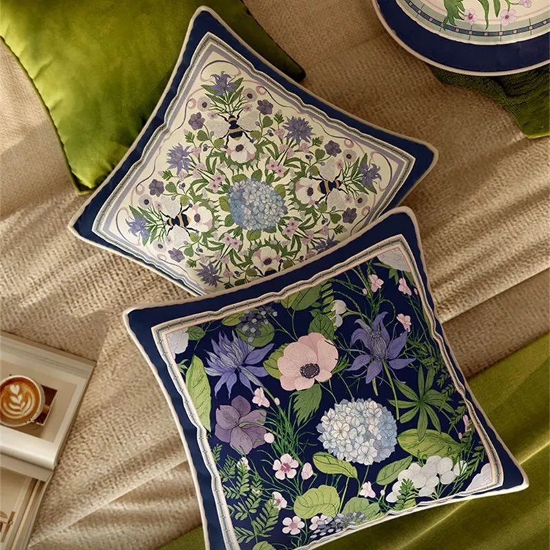 Decorative Square Pillowcases, Designer Throw Pillow Covers, Green Farmhouse Dreamy Velvet, Blue Floral Pattern, 18x18 Inch