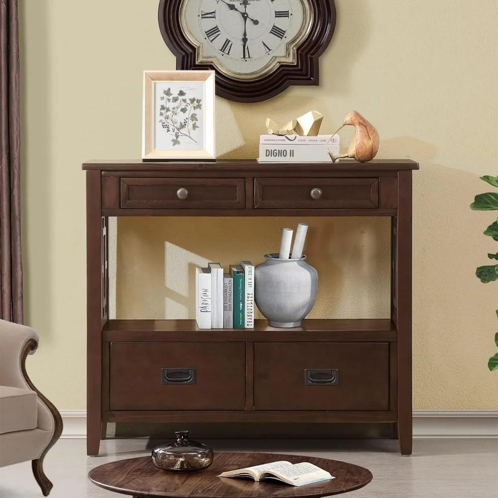 36 Inch Country Farmhouse Console Table with 4 Drawers and 1 Storage Shelf Pine Wood Suitable
