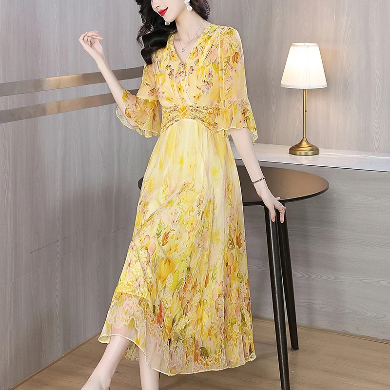 Summer Luxury Vacation Fashion Elegant Maxi Dress New Dance Party Yellow Dress 2024 Women Boho Beach Floral Silk Casual Vestidos