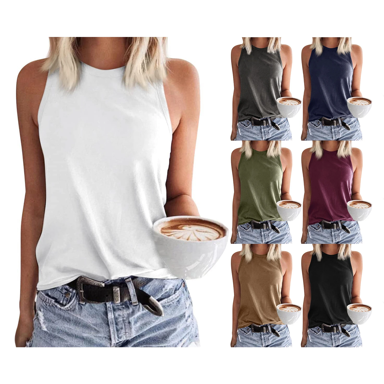 Women Solid Color Tank Tops Loose Crew Neck Sleeveless Vests Tops