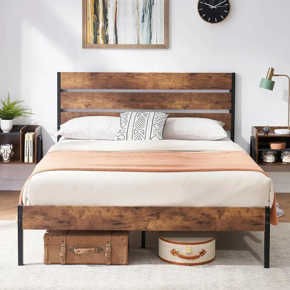 

Platform Queen Bed Frame with Rustic Vintage Wood Headboard and Footboard, Mattress Foundation