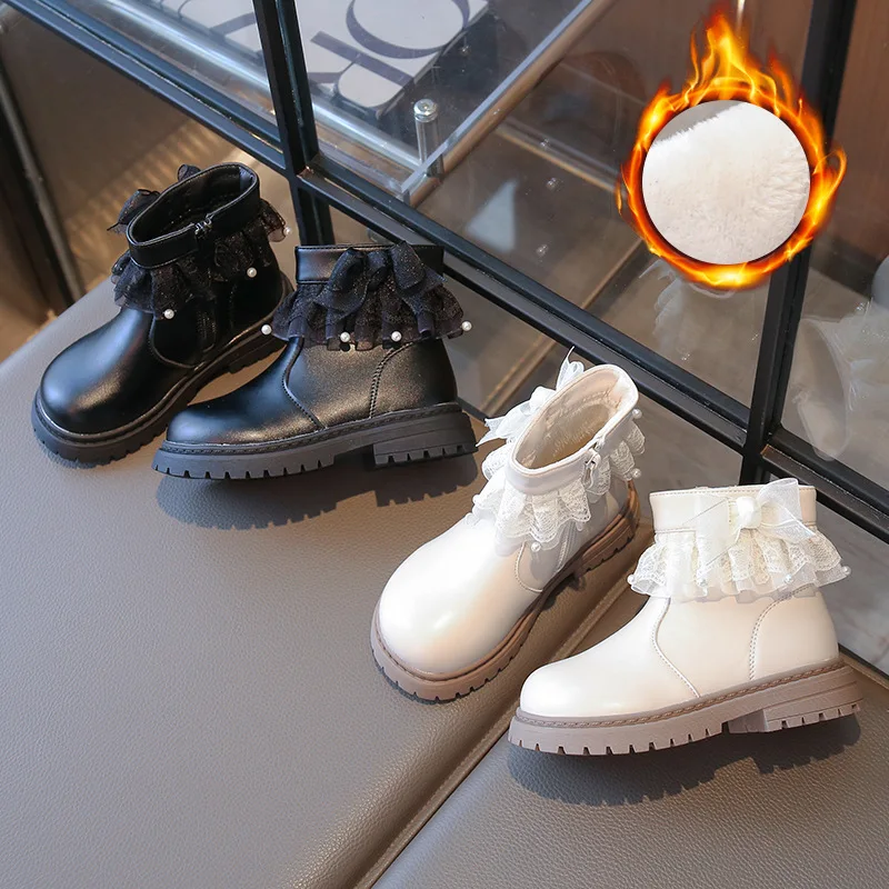 2025 Autumn New Little Girls Boots Fashion Lace Pearl Boots Solid Color Cotton Lined Leather Footwear for Girls