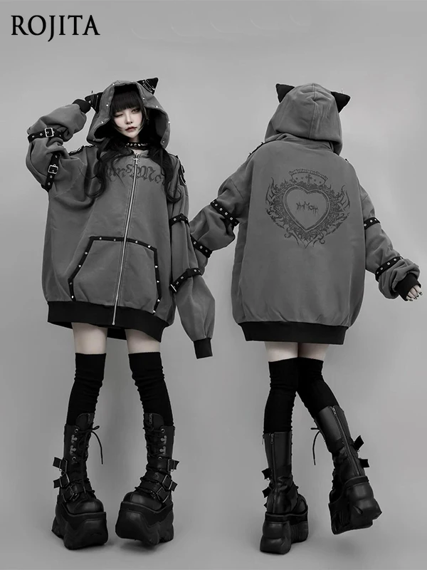 Sweat-shirt gothique foncé avec fermeture éclair pour femme, vêtement Punk, avec oreilles de chat, sous-culture, automne-hiver, Y2K, années 2000