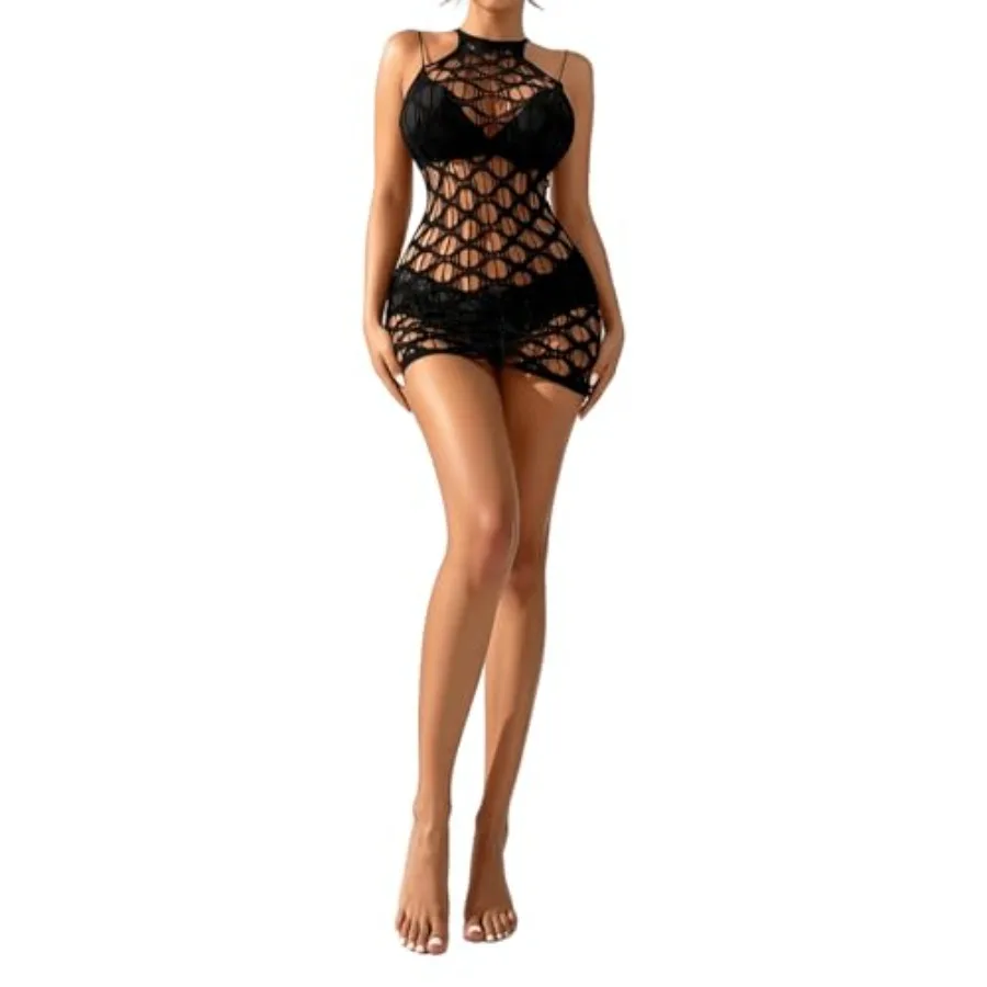 

Womens Lingerie Fishnet Dress Babydoll Mesh Teddy Bodysuit See Through Design for Women Clubwear Outfits One Size