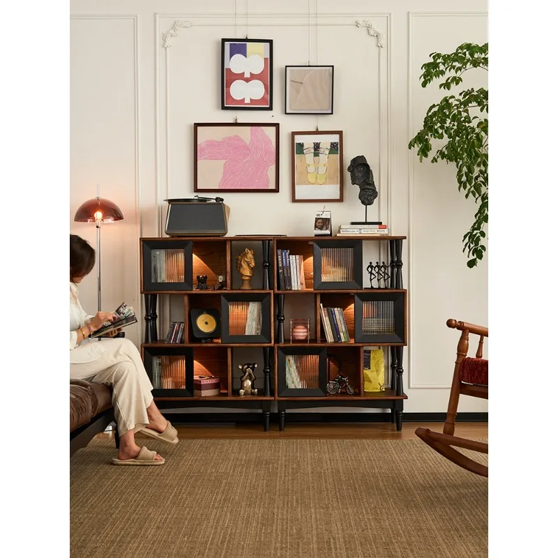 French retro contrasting color solid wood bookcase, combined small apartment living room display cabinet