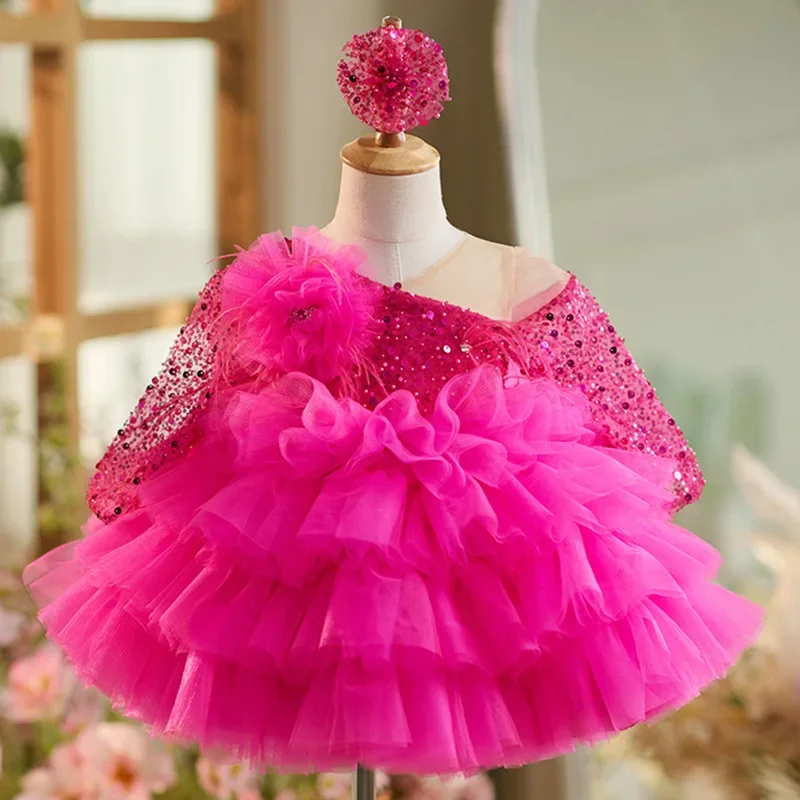 

2025 New Long Sleeve Flannel Dress for Children's First Birthday Party Puffy Girls' Princess Dress Girls' Evening Dress