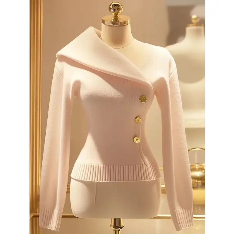 High-end Turn Down Collar Asymmetric Jacket Autumn Winter Knitted Coats Women Slim Sweater Design Tops Long Sleeve Coat Trend