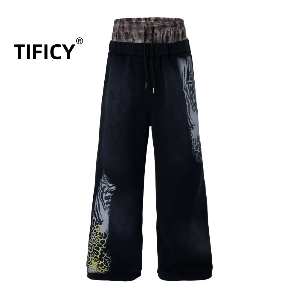 

High Street Pants Men's Double Layered Waist Worn Gradient Wide Leg Sweatpants Leopard Print and Zebra Street Style Casual Pants
