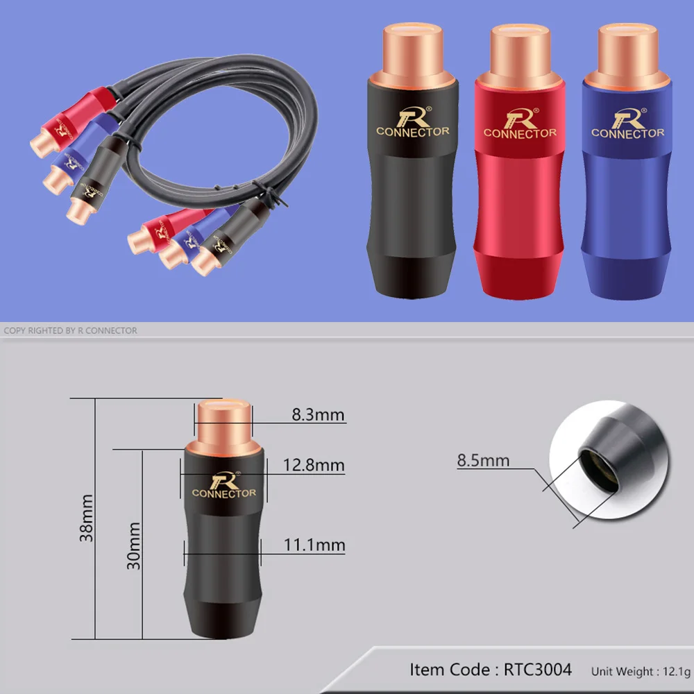 1Pair Gold Plated RCA HIFI Connector Female Jack, RCA Socket Adapter Audio/Video Cable Connector Support 6.5mm Cable blue&red