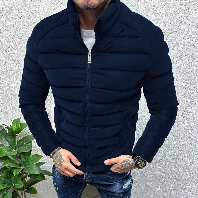 Winter Warm Men\'s Down Jacket Coat Streetwear Casual Slim Fit Stand Collar Zipper Cotton Padded Jackets Men Long Sleeve Coats