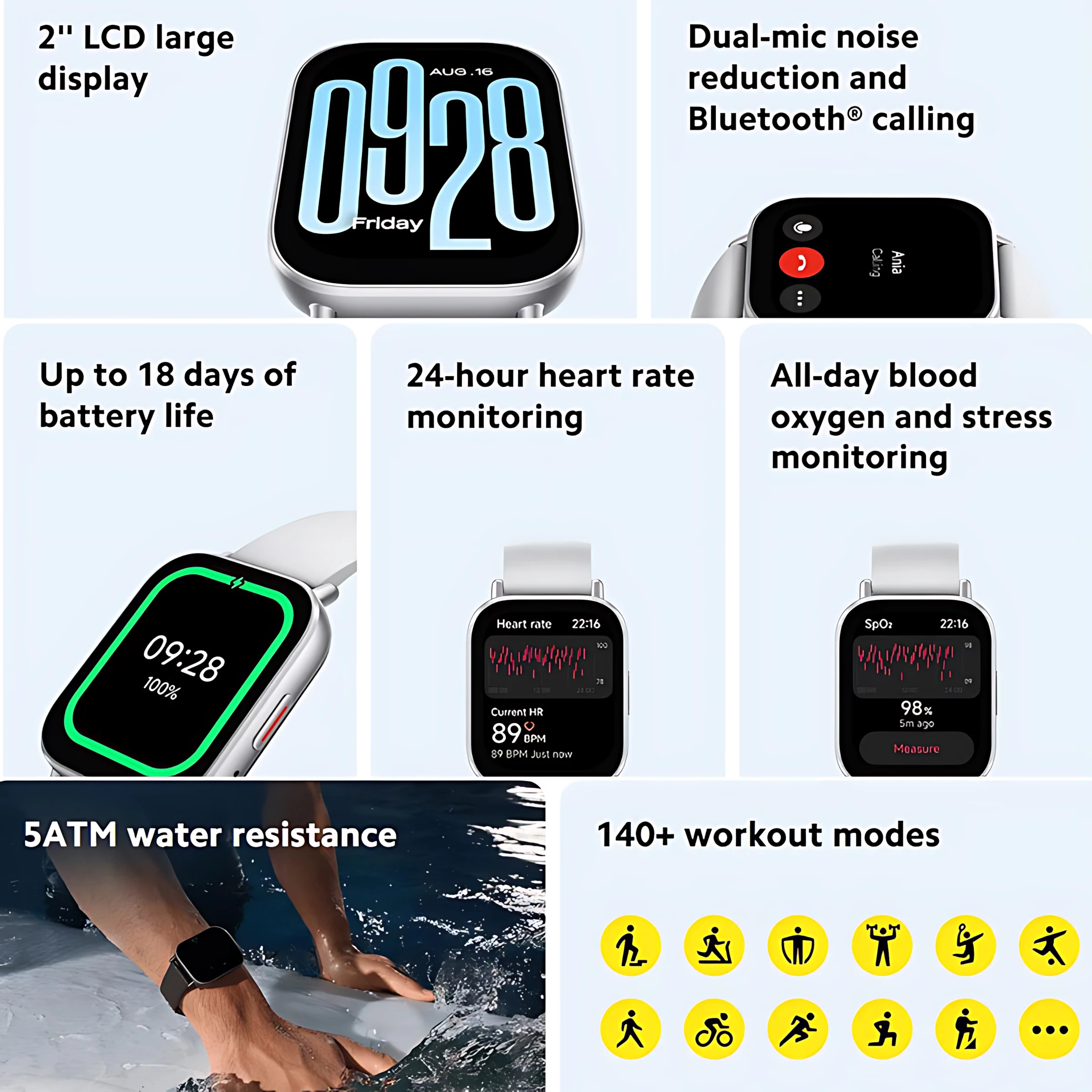 Globalna wersja dla Xiaomi Redmi Watch 5 Aktywny 2-calowy wyświetlacz Do 8 dni pracy na baterii 70+ trybów treningu Połączenia Bluetooth 5ATM