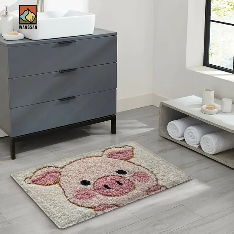 VIKAM Cartoon Pig Soft Fur Bath Floor Mat, Water Absorbing and Slip-Resistant Entrance Door Mat, Home Decoration