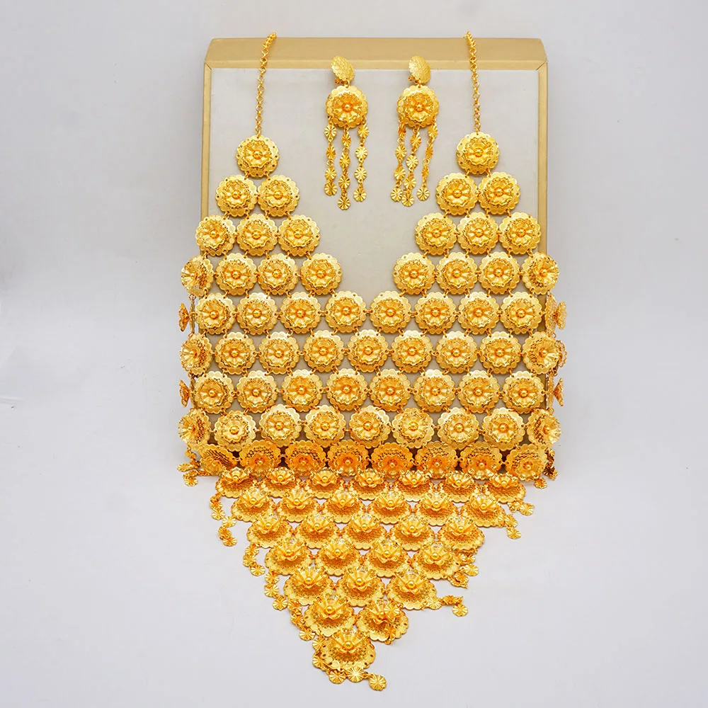 Dubai Goldfarbenes Rundes Geometrisches Schmuckset Afrika Anhänger Halskette Ring Ohrringe Arabische Äthiopische Braut Hochzeit Party Geschenke