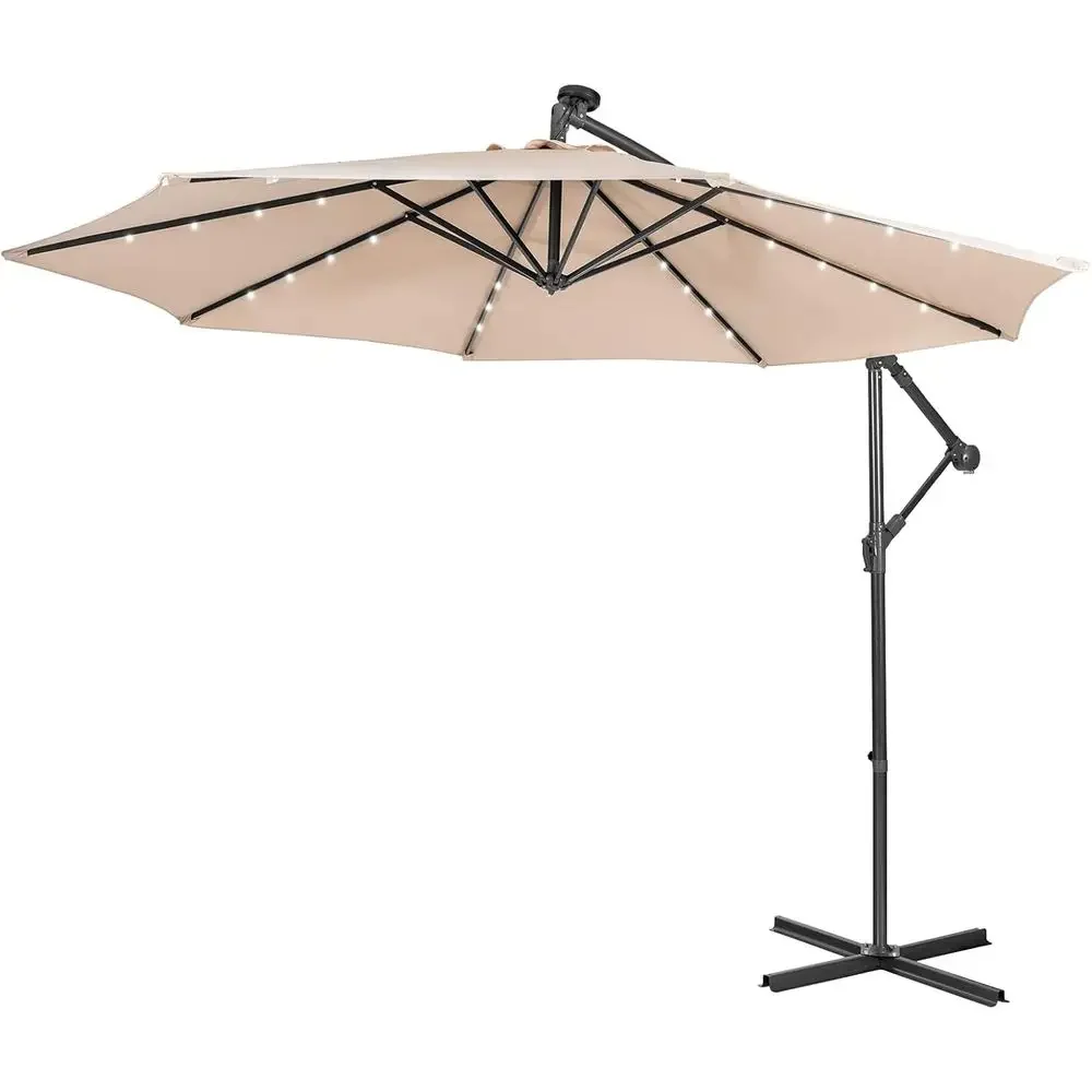 Outdoor 10ft Cantilever Umbrella with 32 LED Lights, 8 Ribs, Adjustable Heavy-Duty Patio Shade