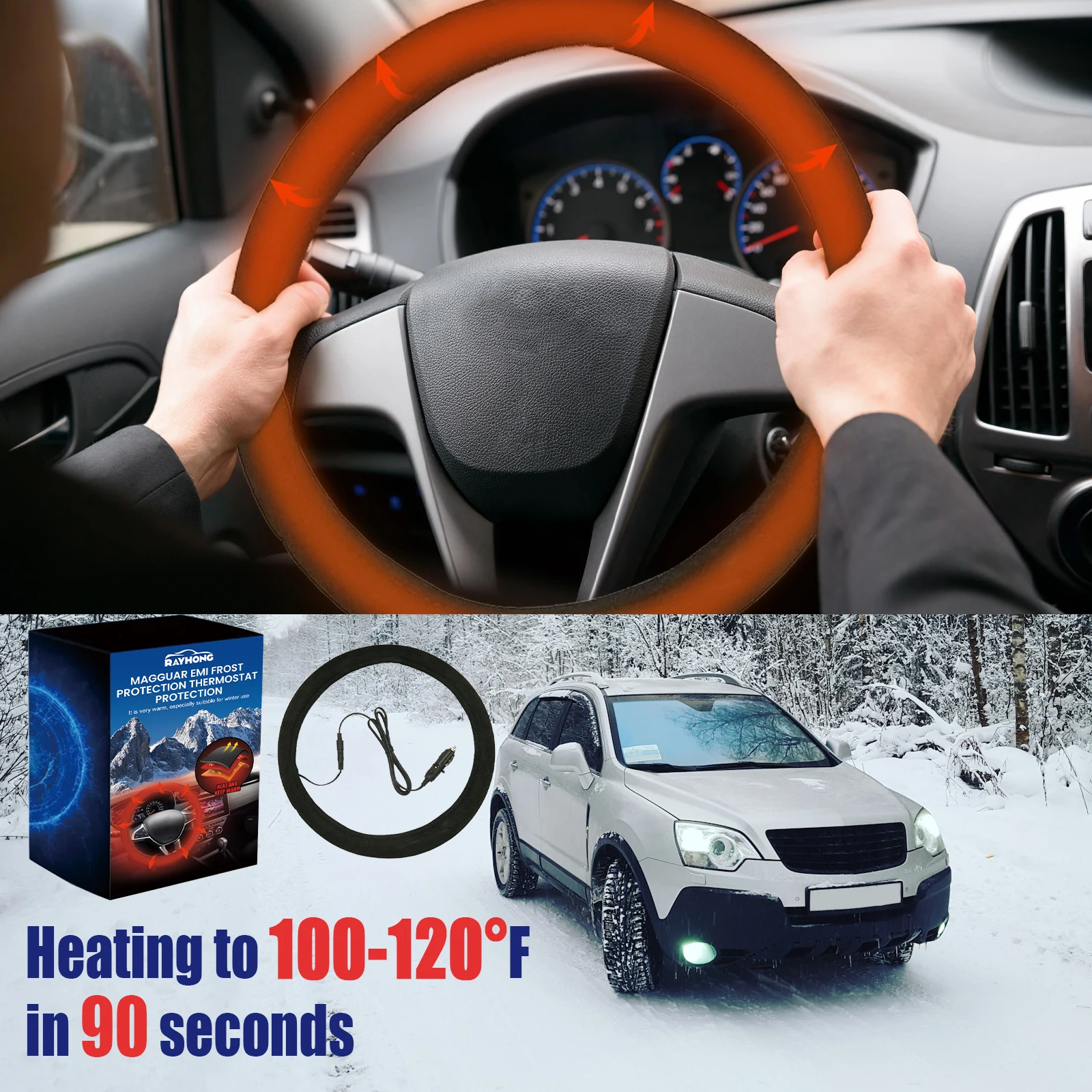 Universal Car Steering Wheel Heater Cover Quick Warm in 3 Mins Anti-Slip Fit Plug Play 12V Socket for Winter Driving Comfort