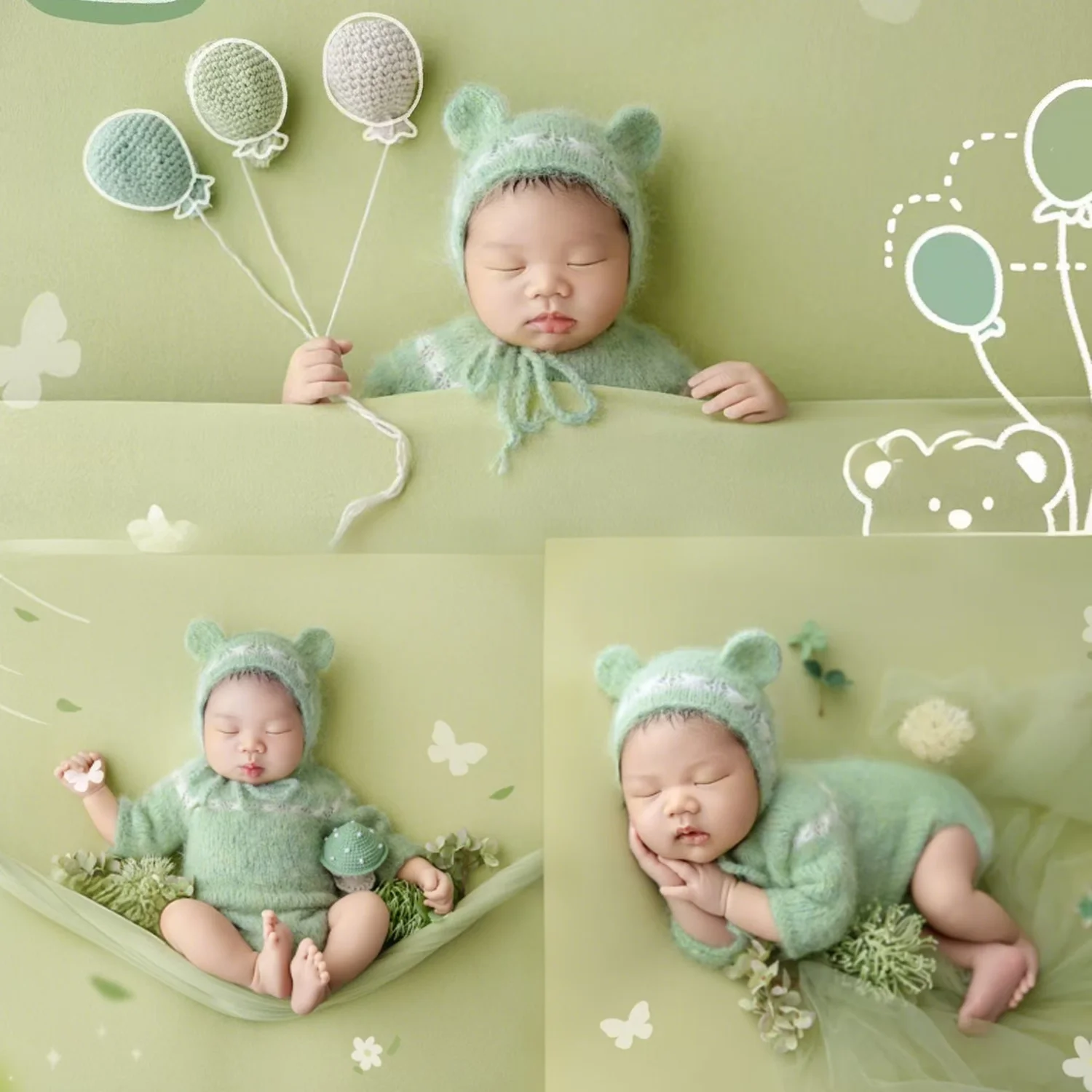 

Реквизит для фотосъемки новорожденных, зеленый вязаный наряд со шляпой, воздушные шары, декор, аксессуары, одеяло для студийной фотосессии, реквизит