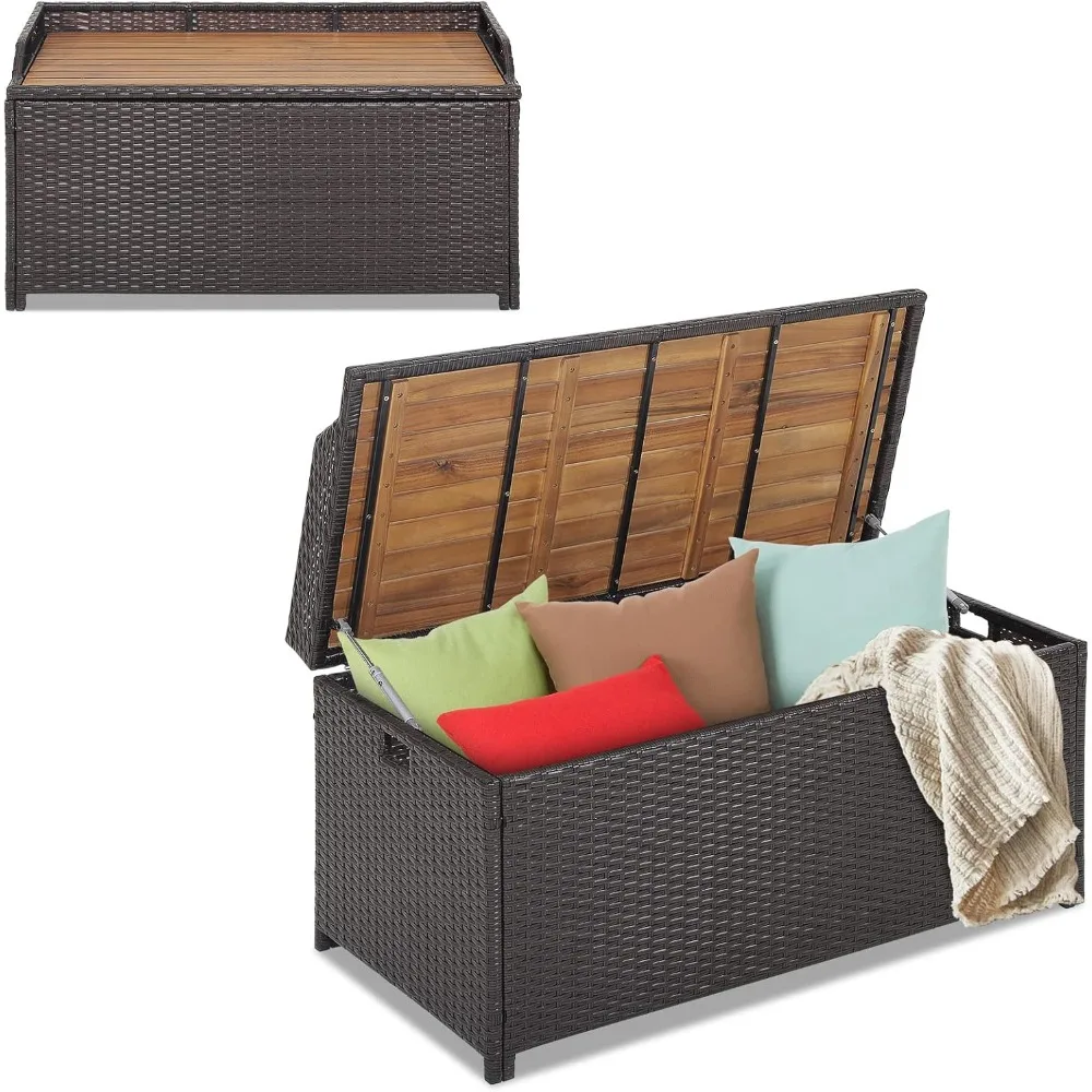 

Terrace storage platform rattan deck box, with acacia wood seats, air strut, zipper lining, handles, outdoor storage