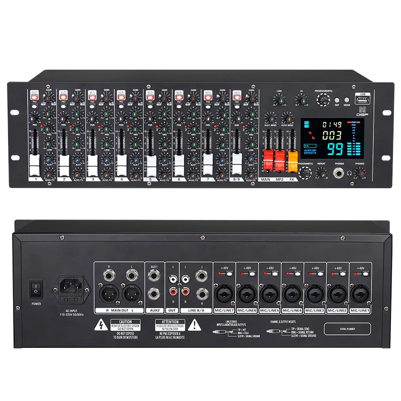 

9-Way mixer, professional rack-mounted embedded Bluetooth with effect 48V phantom power cabinet mixer