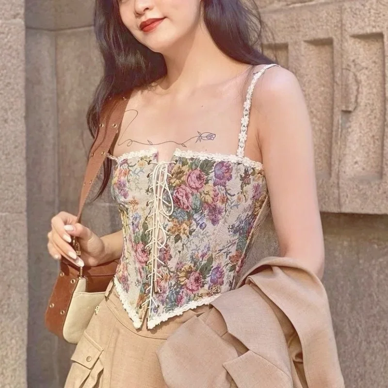 Y2k Women Elegant Vintage Print Halter Tops Chic Bandage Floral Corset Shirts French Designer Sexy Style Party Club Ladies Top image 2
