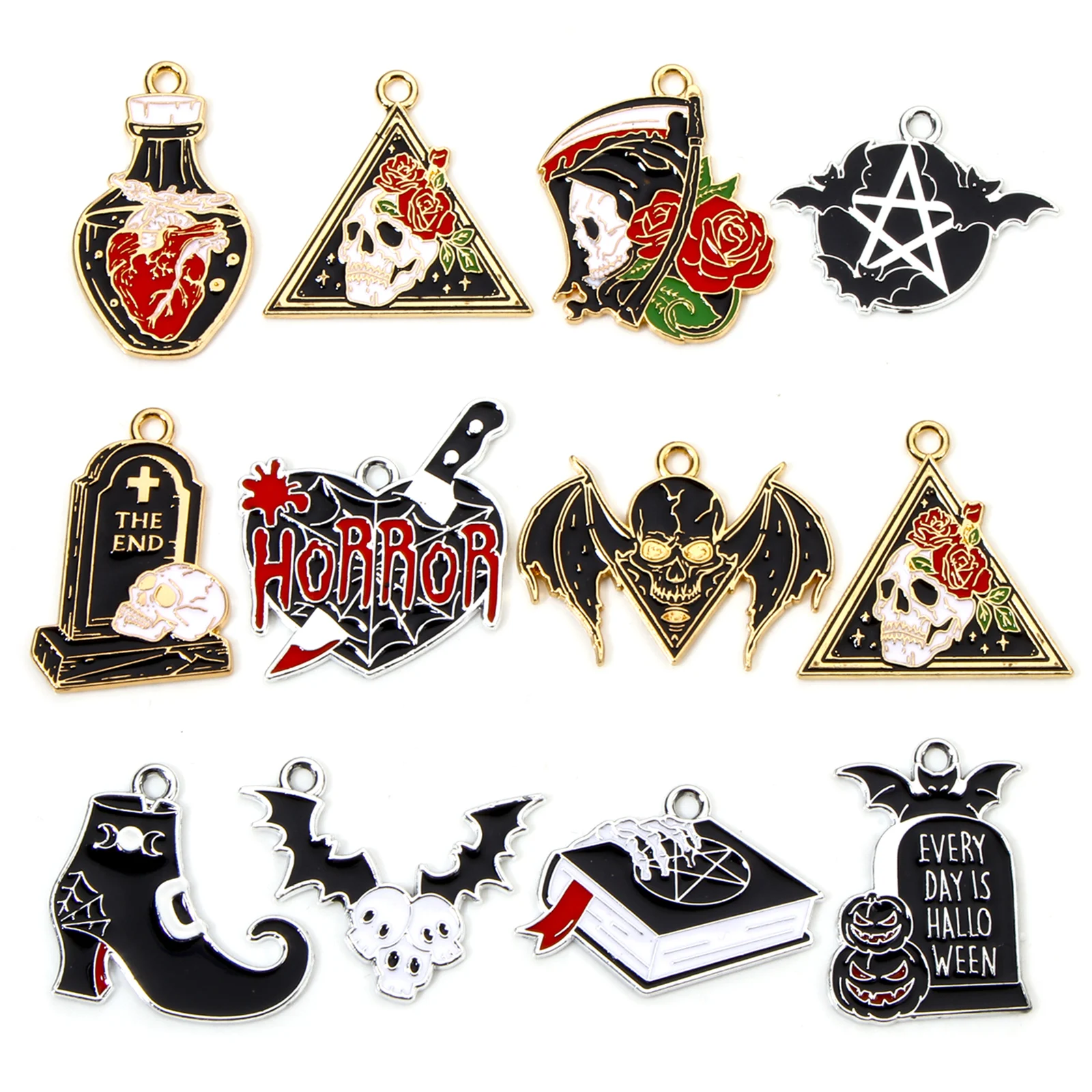 10pcs New Halloween Charms Multicolor Skeleton Skull Halloween Tombstone Enamel Pendants DIY Necklace Bracelet Jewelry Findings