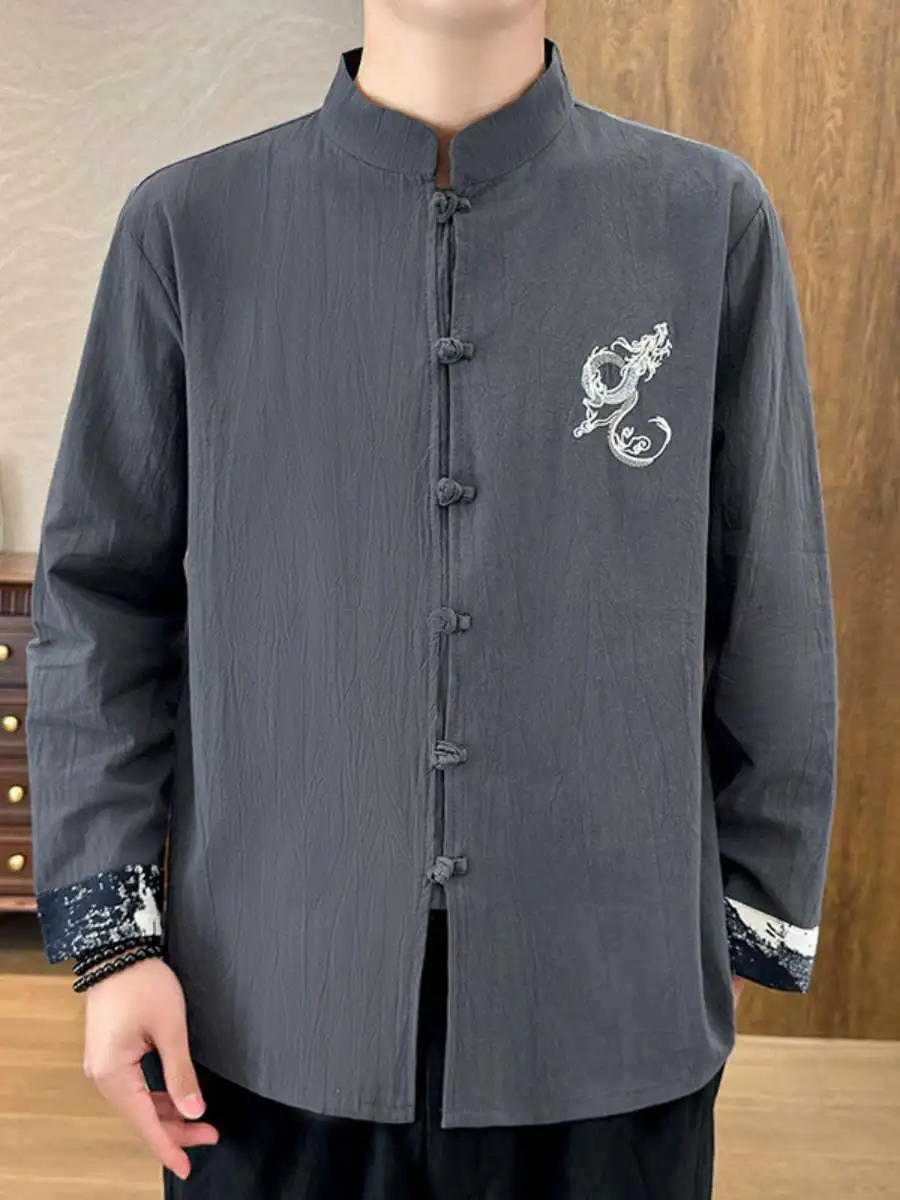 

Summer Thin Cotton Linen Long Sleeve Shirt Embroidered Large Size Linen Blouse Stand Collar Men's Shirt Breathable Comfortable