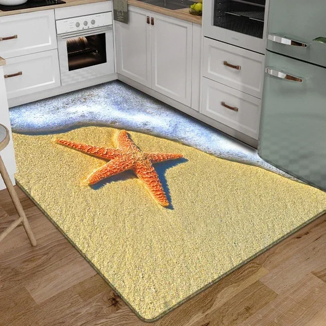 3D Floor Mat Rugs Kitchen Beach Waves Runner Carpet Kitchen Washable Non-slip Living Room Carpet Marine Bath Mat Absorbent