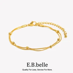 E.B.belle Double Layered Round Bead Snake Chain Bracelet 316L Stainless Steel Women's Hand Bracelets 18K Gold Plated Jewelry