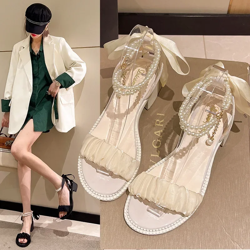 Comfort Shoes for Women Block Heels Pearl Sandals Med Suit Female Beige All-Match Chunky  Girls Medium Clear Black Gladiator