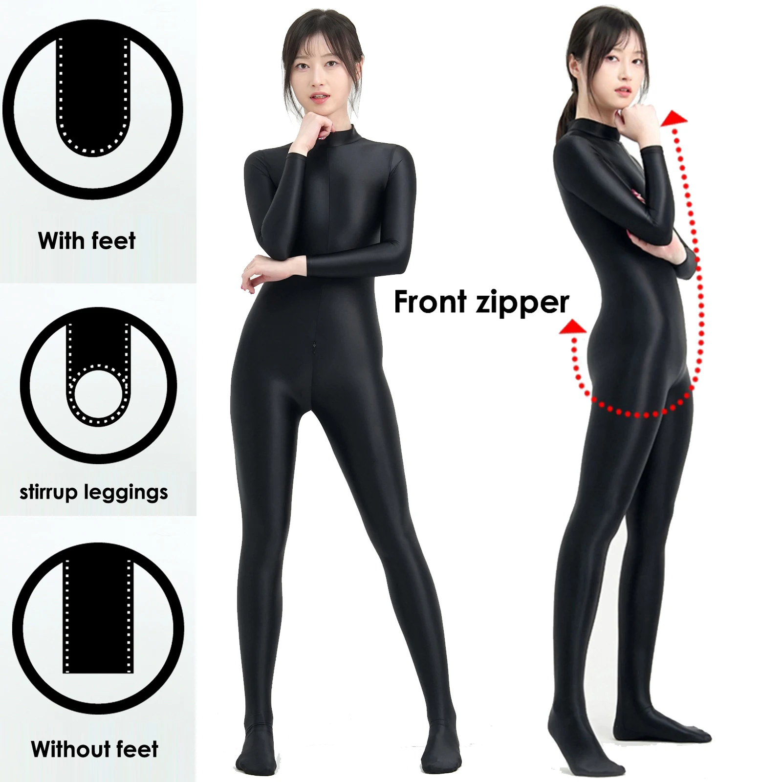 Women Sexy Shiny Bodysuit Tight-fitting Oil Smooth Front Zipper Overalls Yoga Zentai Suits Casual Sport Tights Catsuit Jumpsuits