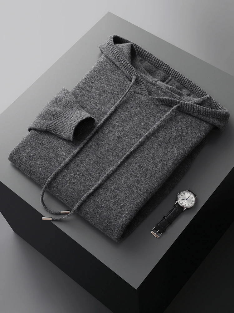 Men Hooded Wool Pullover Autumn Winter Casual Thick Long Sleeve Cashmere Sweater 100% Merino Wool Knitted Pockets Solid Soft Top