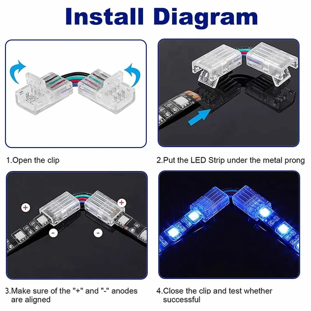 Conectores transparentes em forma de L, solda livre, única cor, CCT, RGB, RGBW, RGBCCT, faixa SMD, 90 graus, 2 pinos, 3 pinos, 4 pinos, 5 pinos, 6 pinos, 8 milímetros, 10 milímetros, 12 milímetros