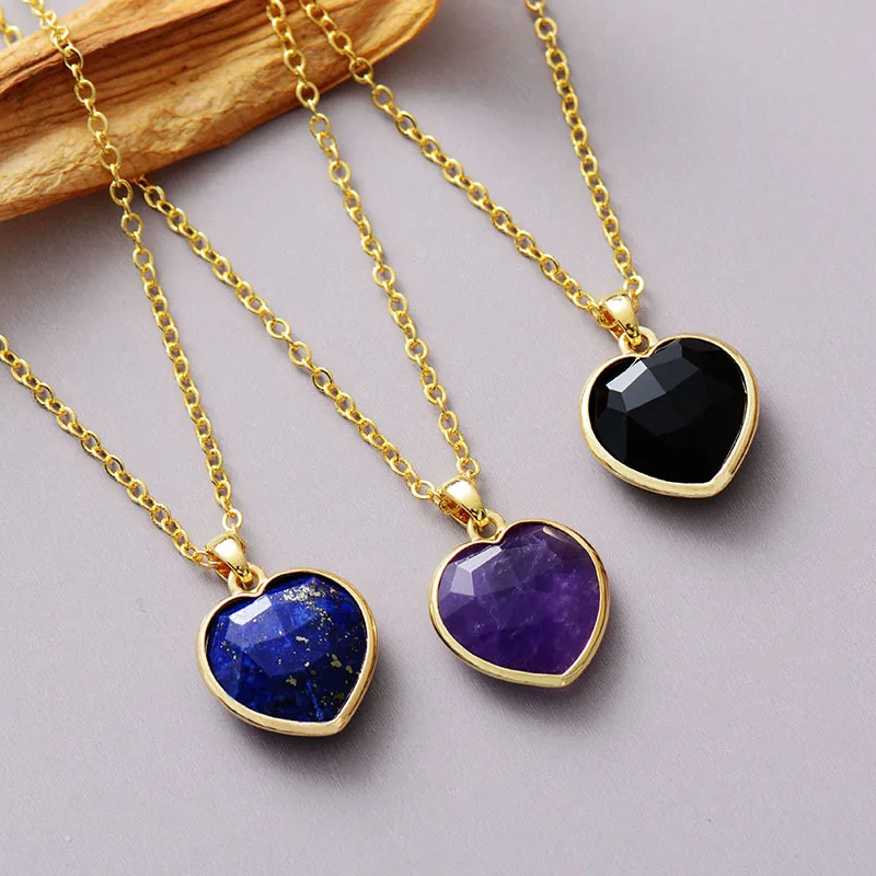 Heart Shape Amethysts Lapis Onyx Pendant Designer Women Gold Plated Chain Collar Choker Necklace Engagement Jewelry