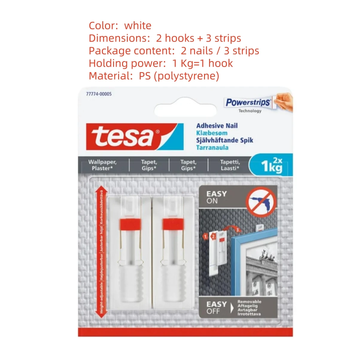 Tesa Clavo adhesivo ajustable (para papel tapiz y yeso, altura ajustable, clavo de pared autoadhesivo) Paquete de 2