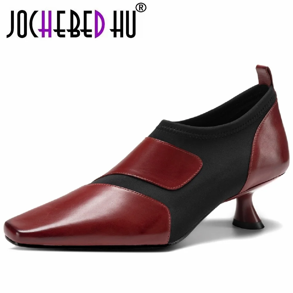 

【JOCHEBED HU】Женские элегантные туфли ручной работы из натуральной кожи на среднем каблуке, мягкие и удобные одинарные туфли с квадратным носком в стиле ретро