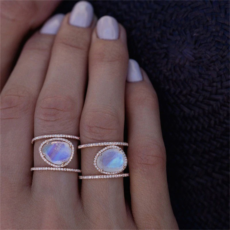 European and American Hot Moonstone Geometric Ring for Women 2024 New Stainless Steel Crystal Ring for Girls Jewelry Accessories